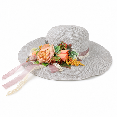 Violette Floral Ribbon Wide Brim Straw Boater Hat - Light Gray
