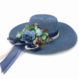 Violette Floral Ribbon Wide Brim Straw Boater Hat - Dark Blue