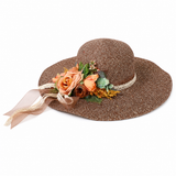 Violette Floral Ribbon Wide Brim Straw Boater Hat - Dark Coffee