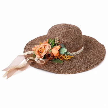 Violette Floral Ribbon Wide Brim Straw Boater Hat - Dark Coffee
