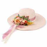 Violette Floral Ribbon Wide Brim Straw Boater Hat - Blush Beige