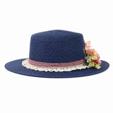 Violette Side Bloom Straw Boater Hat - Navy
