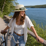Violette Velvet Ribbon Floral Straw Boater Hat - Lifestyle scene 2