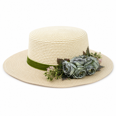 Violette Velvet Ribbon Floral Straw Boater Hat - Beige