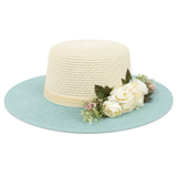 Violette Velvet Ribbon Floral Straw Boater Hat - Sky Blue