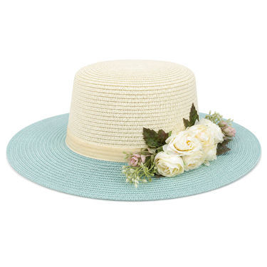 Violette Velvet Ribbon Floral Straw Boater Hat - Sky Blue