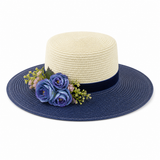 Violette Velvet Ribbon Floral Straw Boater Hat - Navy