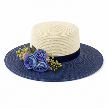 Violette Velvet Ribbon Floral Straw Boater Hat - Navy