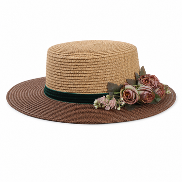 Violette Velvet Ribbon Floral Straw Boater Hat - Brown